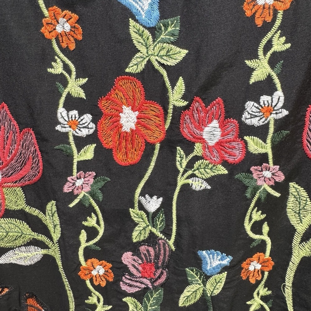 Zara Babydoll Boho Floral Butterfly Cotton Gauzy Embroidered Swing Dress M Black - Picture 5 of 11